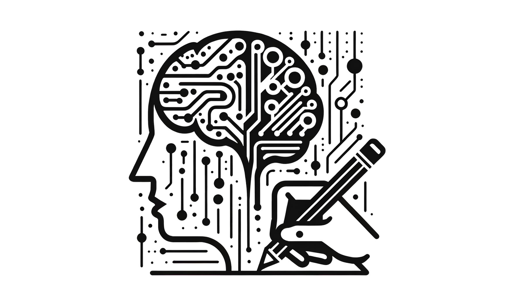minimalist black and white line art illustration depicting writing implements alongside abstract AI visual elements