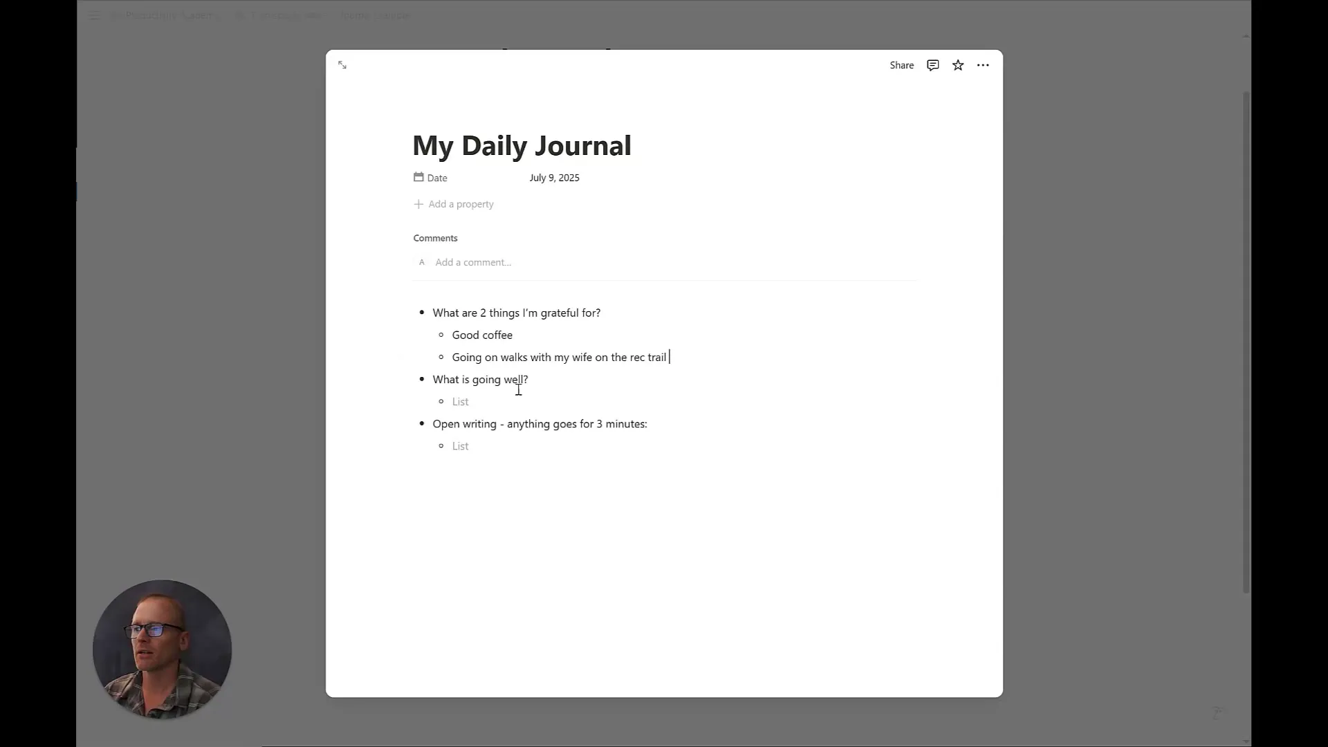 Filling out a daily journal entry in Notion