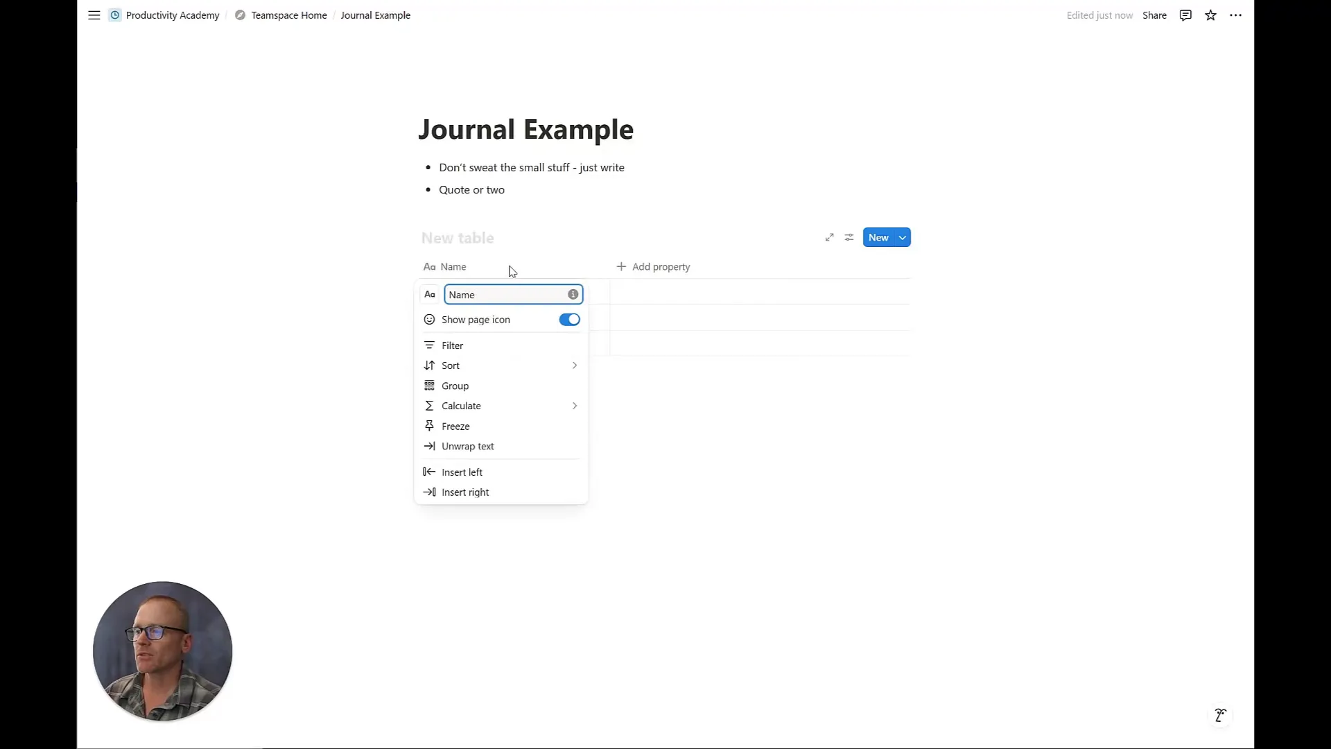 Creating a journal database with name and date properties